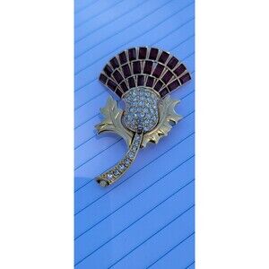 Beautiful Vtg NOLAN MILLER Red Clear Glass Rhinestones Thistle Flower Pin Brooch